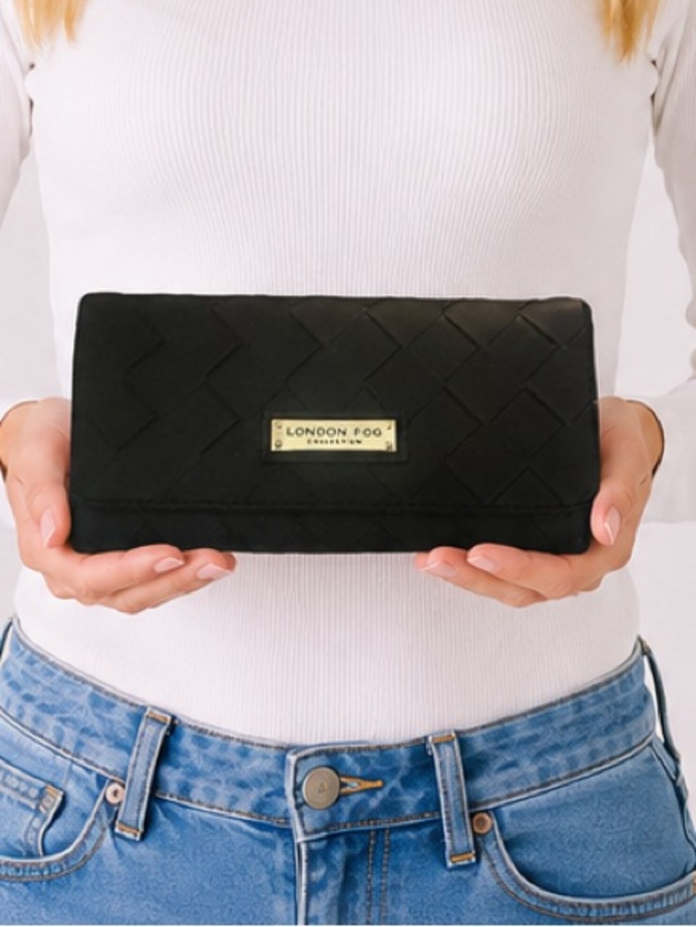 London Fog Black Quilted Wallet with Gold Accents